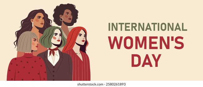 International Women's Day. Beautiful different women of different skin colors and hairstyles stand together, symbol of women's strength and freedom. Vector banner with space for text for women's holid