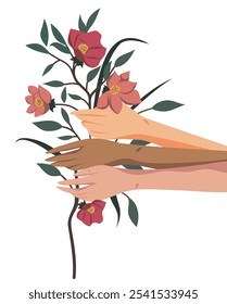 Día Internacional de la Mujer. Hermosas manos femeninas sosteniendo flores. Espacio para texto. Movimientos para la igualdad de género y el empoderamiento de las mujeres. Anuncio de Vector.