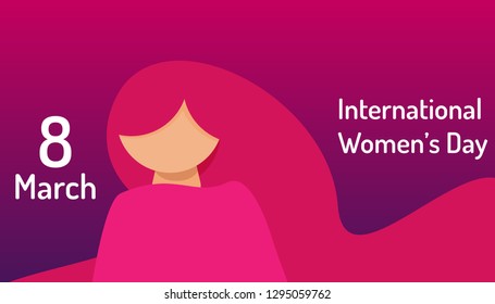 International Women's Day. Beautiful girl face with celebration text quote for 8 March. Horizontal card format for web banner or header, trendy Design Template