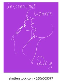 International Women's Day, beautiful lady is putting on lipstick. Line art