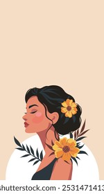 International Women's Day. Beautiful woman with flowers in her hair. Vector postcard, banner for advertising and congratulations with space for text