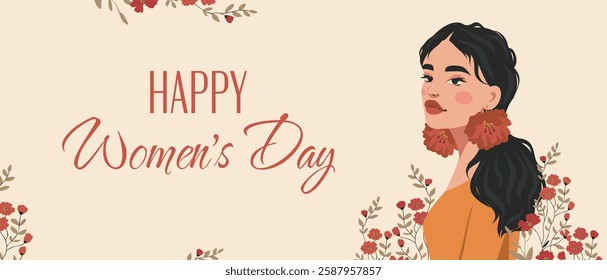 International Women's Day. Beautiful woman on a floral background. Vector horizontal holiday illustration with space for text. Women's empowerment. Banner for social networks, for women's projects