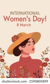 International Women's Day. Beautiful woman in a hat on a background of flowers. Vector vertical holiday illustration, greeting card with place for text. Feminism, women's empowerment, gender equality