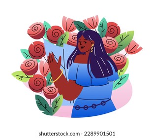International Womens Day. Beautiful young girl holding bouquet of blooming flowers or red roses. Present or gift for March 8. Design element for greeting card. Cartoon flat vector illustration