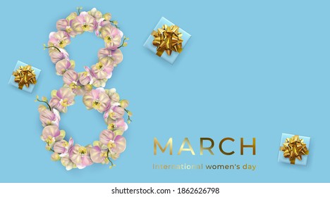 International Women's Day. Blue Banner, flyer, holiday card for newsletter, brochures, postcards for March 8. digit 8 made of orchid flowers