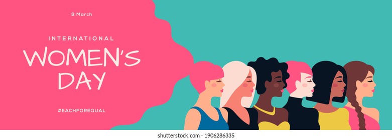 International Women's day blue and pink background with different woman face profile. Greeting card, flyer, poster or brochure template for empowerment movement. Vector illustration. Place for text.