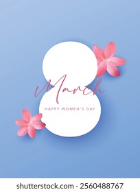 International Women's Day blue poster with papercut and realistic flowers. 8 March vector illustration for greeting card, social media post, voucher, coupon, background, banner, flyer, brochure, promo