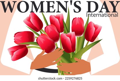 International Women's Day. Bouquet of red tulips in the hands of a happy woman on a pink horizontal background. Floral card for the spring holiday. Vector.