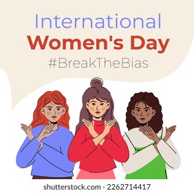 International Women's Day. Break The Bias campaign. March 8. different but equal girl crossed arms.