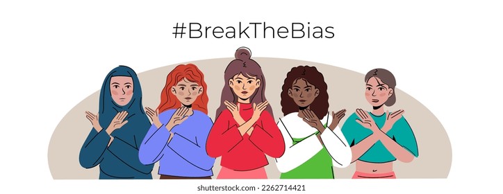 International Women's Day. Break The Bias campaign. March 8. different but equal girl crossed arms.