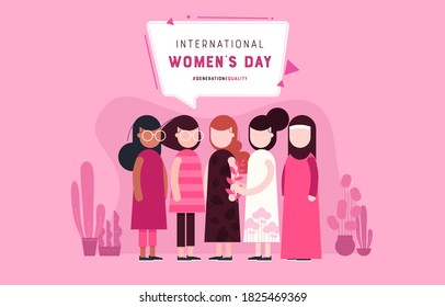 International Women's Day campaign for equality and unity. Five women of different nationalities and cultures standing together. Women's friendship, union of feminists or sisterhood.  