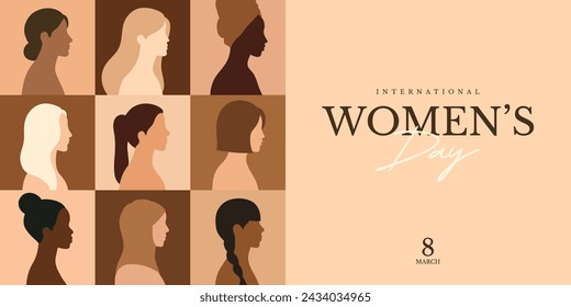 International women's day campaign poster background design. Multi-ethnic women. March 8 Holiday greeting card, cover, invitation, flyer. Different ethnicity face silhouette flat vector illustration.