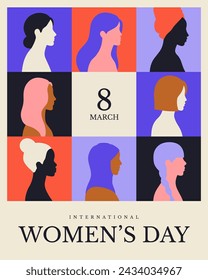 International women's day campaign poster background design. Multi-ethnic women. March 8 Holiday greeting card, cover, invitation, flyer. Different ethnicity face silhouette flat vector illustration.