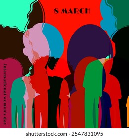 Cartão de Dia Internacional das Mulheres. 8 de março. Cartaz com diferentes silhuetas de mulheres. Ilustração de vetor plano