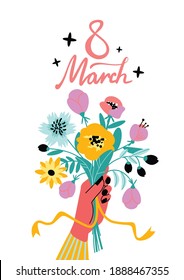 International womens day card a4 composition with bunch of flowers in hand with ribbon and text vector illustration