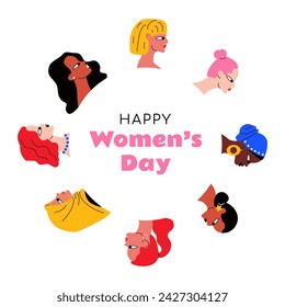 International Women's Day card with abstract female characters. 8 March poster, women empowerment background design. Flat vector illustration