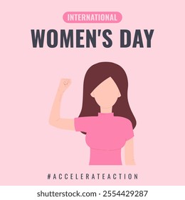 International Womens Day card. AccelerateAction 2025 campaign. Woman showing strength in their hand. Flat vector template