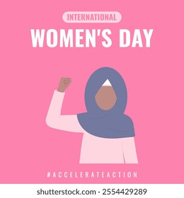 International Womens Day card. AccelerateAction 2025 campaign. Woman showing strength in their hand. Flat vector design