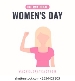 International Womens Day card. AccelerateAction 2025 campaign. Woman showing strength in their hand. Flat vector background