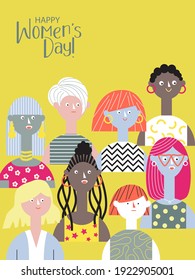 International Women's day card, banner, poster. Cartoon women, girls from different ethnic groups. Woman's rights movement. Vector illustration.