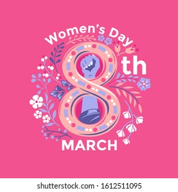 International Women's Day card with bouquet and women symbol background vector