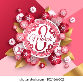 International Women's day card with emblem, red spring flowers and gold leaves on colorful modern geometric background. Vector illustration. Place for your text. March 8.