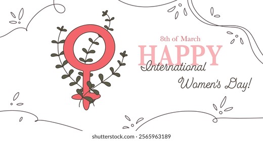 International Women's Day card with greeting and female symbol with plant branch. Cute doodle postcard, invitation, banner. Vector illustration.