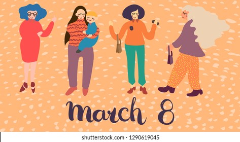 International women's day card. Hand drawn. Hand written. Ready to use design card. 