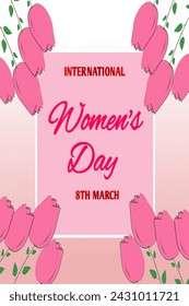 International women's day card with  pink roses 8th March women's day banner.