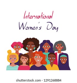 International Women's Day.  Card, poster or banner with devierse group of women