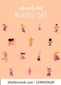 International womens day card, poster, banner, with quote and diverse women. Isolated objects. Hand drawn vector illustration. Flat style design. Concept, element for feminism, girl power.