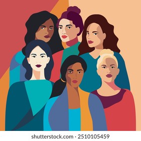 International Women's Day card. Poster template with women of different nationalities and religions. Movements for gender equality and women's empowerment. Vector illustration for advertising, website