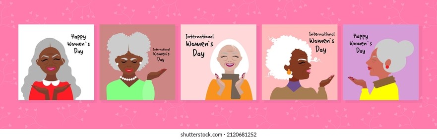 International Women's Day Card Set, Older Ladies in Trendy Flat Style, Diverse Ethnic Group of Stylish Women, Women's Solidarity, Social Diversity, Flat Vector Illustration, Vector illustration