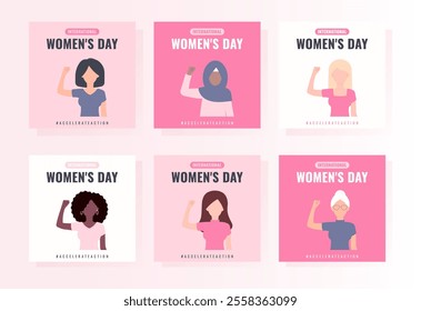 International Womens Day card set. AccelerateAction 2025 campaign. Woman showing strength in their hand. Flat vector background