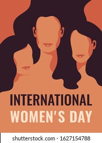 International Women's Day card with Silhouettes of three women standing together. Women's friendship, union of feminists or sisterhood. The concept of the female's empowerment movement.