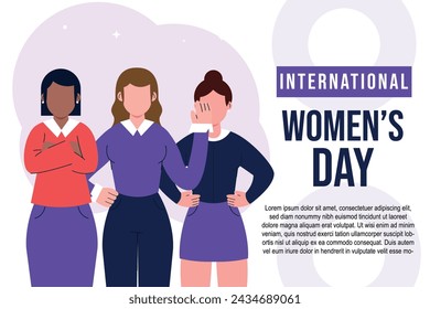 Tarjeta del Día Internacional de la Mujer con tres chicas fuertes de diferentes culturas y etnias se mantienen unidas. Concepto vectorial de igualdad de género y del movimiento de empoderamiento femenino.