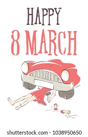 International Women's Day card / Vector illustration, postcard for women's day. Girl repairing car.