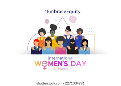 International women's day card. Vector illustration of Profesional womens Gender Diversity Around The World. 2023 Theme of #EmbraceEquity and Break the bias.