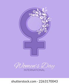 International women's day card with woman sign and spring flowers. 