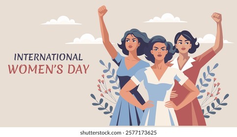 International Women's Day card. Young women with flowers and raised hands in protest. Banner, poster, illustration