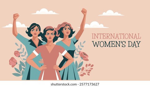 International Women's Day card. Young women with flowers and raised hands in protest. Banner, poster, illustration