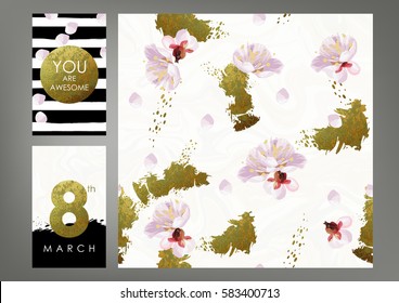 International Women's Day cards and pattern tile set. Shabby gold, black and white stripes, blossom plum and marble texture. The eighth of March decoration concept.