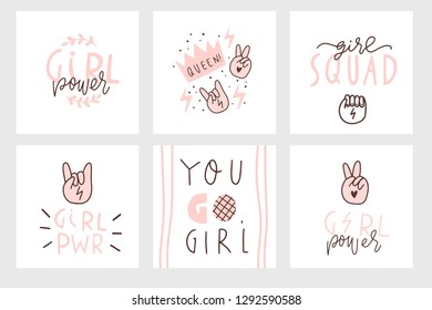 International Women's Day cards set. Vector template with illustration of beautiful women and Girl power lettering. Perfect for cards, posters, flyer and other uses. Vector illustration