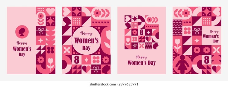 International womens day cards. Set of modern geometric backgrounds for 8 march. Abstract pattern with red shapes. Vector illustration in trendy bauhaus style. Template for postcard or invitations.