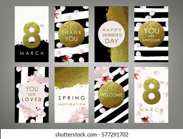 International Women's Day cards set. Shabby gold, black and white stripes, blossom plum and marble texture. The eighth of March decoration concept.