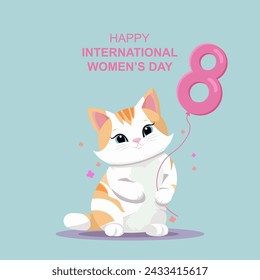 International women's day. Cat with a balloon in the shape of the number 8. Greeting card. Flat vector illustration