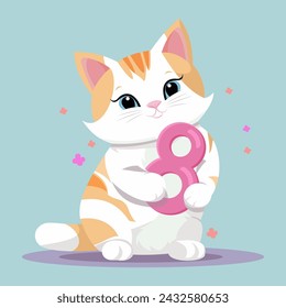 International women's day. The cat holds the number 8 in its paws. Greeting card. Flat vector illustration
