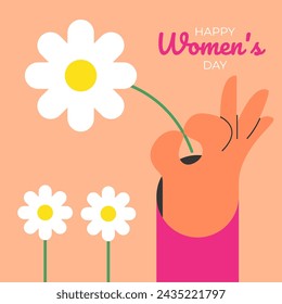 International Women's Day is celebrated on the 8th of March. Hand with flowers and text. Flat vector illustration.