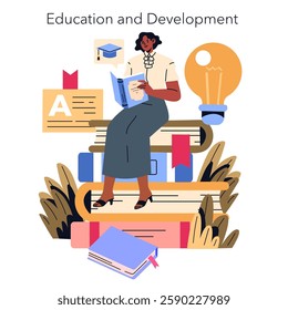 International Women's Day celebrates women's achievements in education and development. The illustration features a woman reading among books, highlighting empowerment through knowledge. It emphasizes