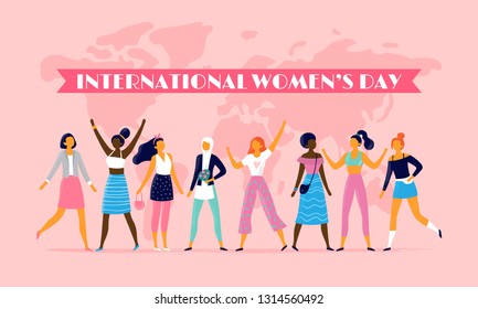 International womens day. Celebrating eight march, sisterhood community and multinational female people. Feminist woman character, 8 march girl day postcard vector flat illustration